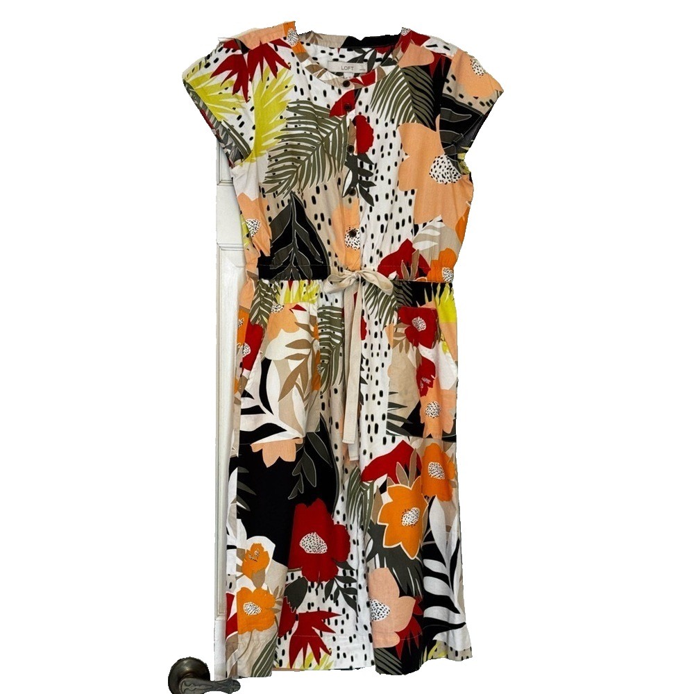 Loft‎ Petites Tropical Floral Button Front Midi Dress 4P Cotton Modal Pocket